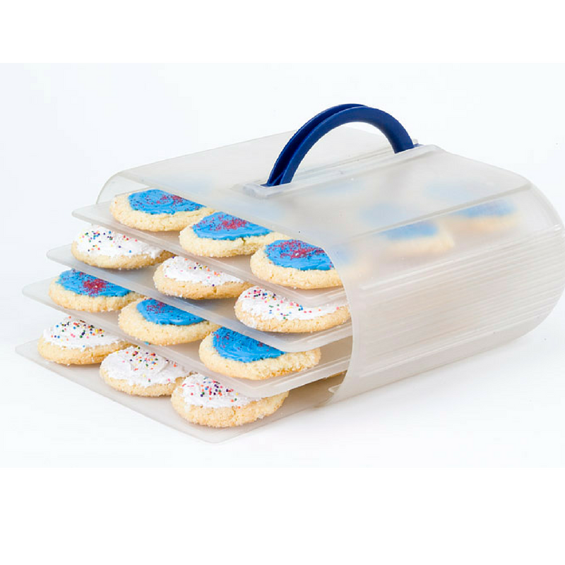 Bakers Sto N Go cookie containers will hold up to 40 iced cookies.  Bakers Sto N Go will also hold up to 40 frosted cookies.  Best cookie storage, even food storage container, Made in USA.  We are Women Owned.