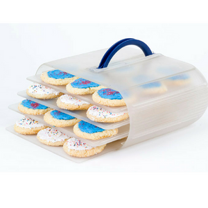 Bakers Sto N Go cookie containers will hold up to 40 iced cookies.  Bakers Sto N Go will also hold up to 40 frosted cookies.  Best cookie storage, even food storage container, Made in USA.  We are Women Owned.