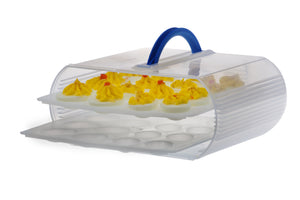 Bakers Sto N Go cookie containers which are great for frosted cookies and iced cookies can be changed into a deviled egg carrier.  Using the deviled egg inserts, now it will hold deviled eggs.  Great for summertime picnics.  Women Owned.  Made in USA.