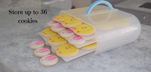Iced cookies stored in the Bakers Sto N Go cookie containers makes for the perfect cookie storage.  Made in USA.  Women owned.  These cookies containers are the best airtight storage containers.  It resembles a airtight cookie jar.  