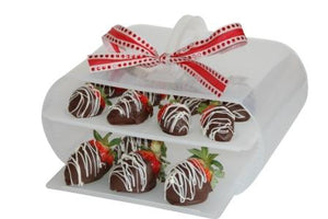 Bakers Sto N Go cookie containers are not only great for iced cookies, frosted cookies, bundt cakes, and deviled eggs, but also chocolate covered strawberries.  Using the deviled eggs trays and convert it into chocolate covered strawberries trays. 