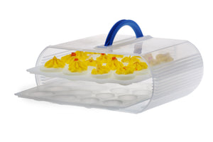 Bakers Sto N Go cookie containers are also great for deviled eggs.  Simply remove the trays that hold the frosted cookies, and iced cookies, and insert the deviled egg trays.  This food storage container now becomes a deviled egg container.  Made in USA.  Women Owned.