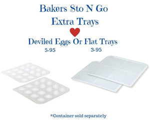 Bakers Sto N Go cookie containers are also great for deviled eggs. Simply remove the trays that hold the frosted cookies, and iced cookies, and insert the deviled egg trays. This food storage container now becomes a deviled egg container. Made in USA. Women Owned.